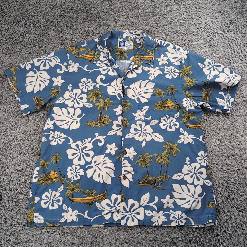 Vintage RCJ Shirt Men Extra Large Blue Floral USA Made Hawaiian Short Sleeve